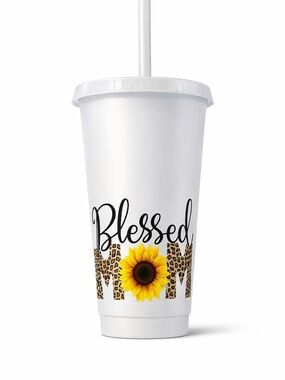Blessed Mom Sunflower Leopard Print Tumbler Cup w/ Straw Custom Gift